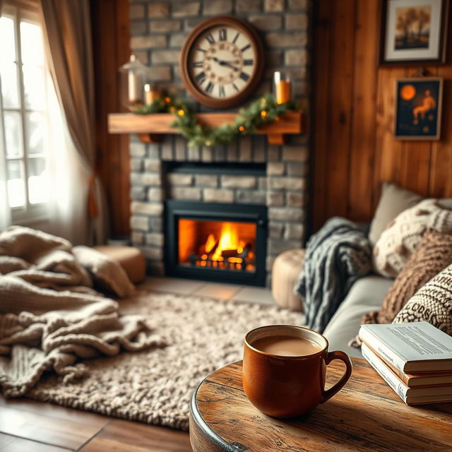 A warm and inviting cozy background featuring a crackling fireplace with soft golden flames, a plush area rug in front of it, scattered knitted blankets, and cushy pillows