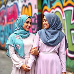 A beautiful lesbian couple wearing vibrant hijabs, deeply in love, standing against a colorful urban backdrop