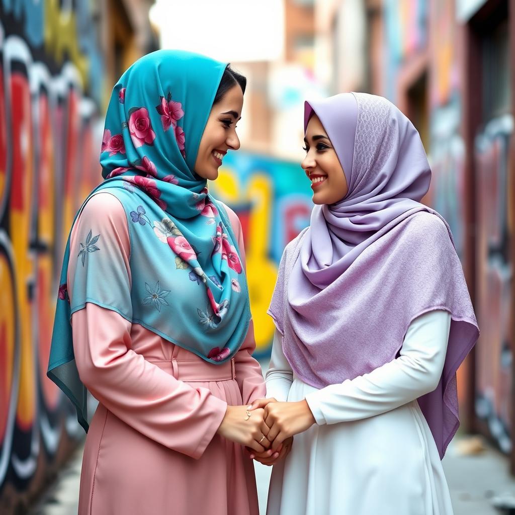 A beautiful lesbian couple wearing vibrant hijabs, deeply in love, standing against a colorful urban backdrop