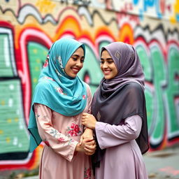 A beautiful lesbian couple wearing vibrant hijabs, deeply in love, standing against a colorful urban backdrop