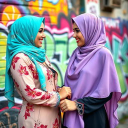 A beautiful lesbian couple wearing vibrant hijabs, deeply in love, standing against a colorful urban backdrop