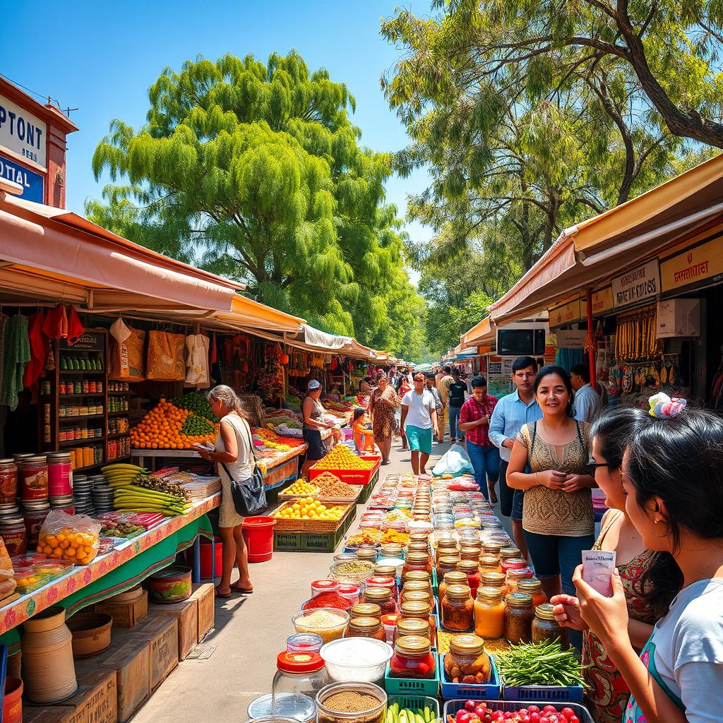 A vibrant street market bustling with activity, featuring colorful stalls overflowing with fresh fruits and vegetables, spices in bright jars, and handmade crafts