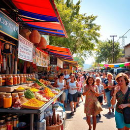 A vibrant street market bustling with activity, featuring colorful stalls overflowing with fresh fruits and vegetables, spices in bright jars, and handmade crafts