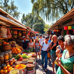 A vibrant street market bustling with activity, featuring colorful stalls overflowing with fresh fruits and vegetables, spices in bright jars, and handmade crafts