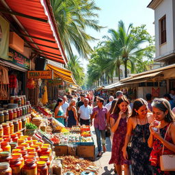 A vibrant street market bustling with activity, featuring colorful stalls overflowing with fresh fruits and vegetables, spices in bright jars, and handmade crafts