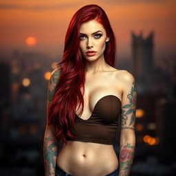 A striking red-haired woman with vibrant tattoos adorning her arms and shoulders, wearing a provocative low-cut top that accentuates her voluptuous figure