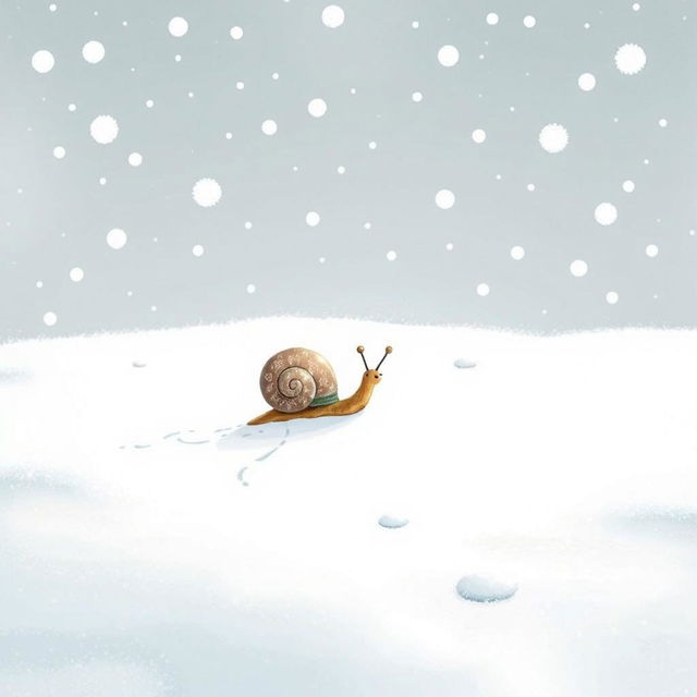 I am a little snail in a snowy landscape, surrounded by a serene blanket of soft white snowflakes