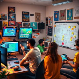 A vibrant and engaging scene of a group of diverse individuals collaborating on game development, surrounded by computer screens displaying colorful game graphics and coding interfaces