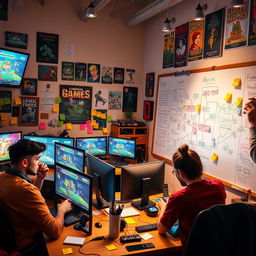 A vibrant and engaging scene of a group of diverse individuals collaborating on game development, surrounded by computer screens displaying colorful game graphics and coding interfaces