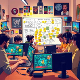 A vibrant and engaging scene of a group of diverse individuals collaborating on game development, surrounded by computer screens displaying colorful game graphics and coding interfaces