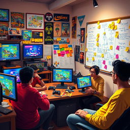 A vibrant and engaging scene of a group of diverse individuals collaborating on game development, surrounded by computer screens displaying colorful game graphics and coding interfaces