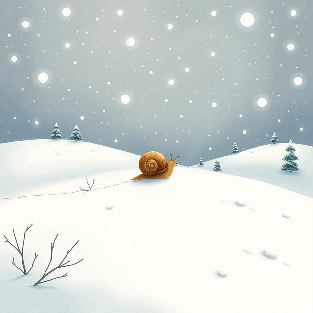 I am a little snail in a snowy landscape, surrounded by a soft, glistening blanket of snowflakes drifting down from the sky