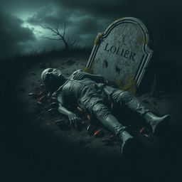 A haunting scene of a decayed corpse lying in a grave, surrounded by various insects like beetles and flies, feeding on the remains