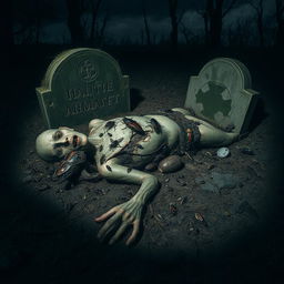 A haunting scene of a decayed corpse lying in a grave, surrounded by various insects like beetles and flies, feeding on the remains