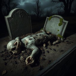 A haunting scene of a decayed corpse lying in a grave, surrounded by various insects like beetles and flies, feeding on the remains