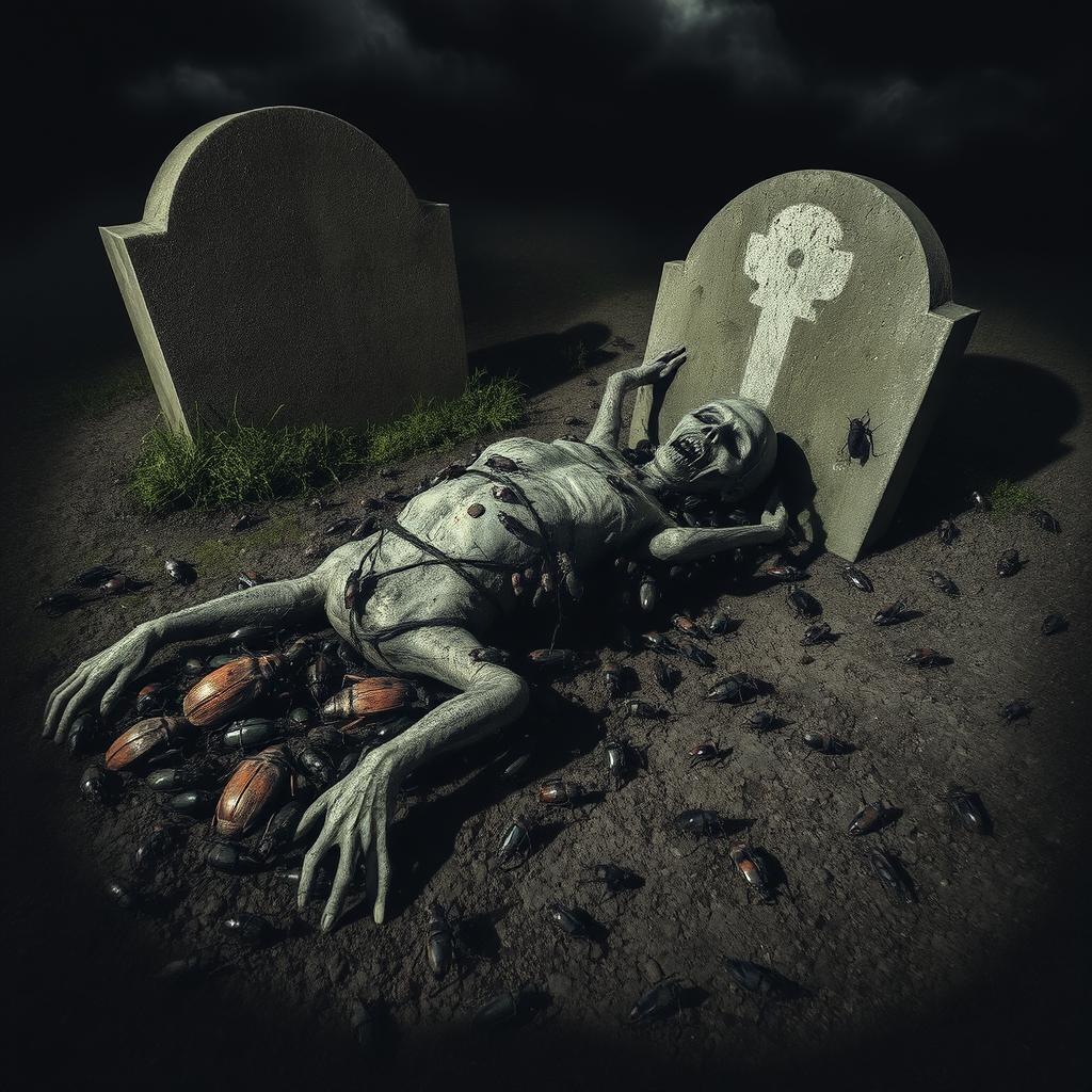 A haunting scene of a decayed corpse lying in a grave, surrounded by various insects like beetles and flies, feeding on the remains