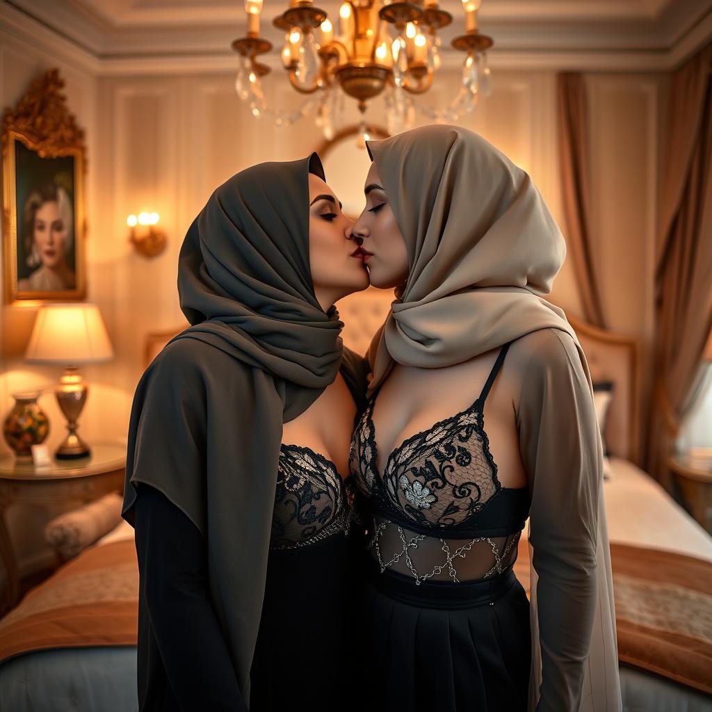 A romantic and intimate scene featuring two women in a luxurious bedroom