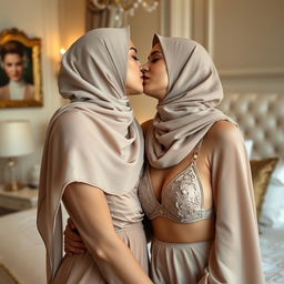 A romantic and intimate scene featuring two women in a luxurious bedroom