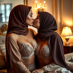 A romantic and intimate scene featuring two women in a luxurious bedroom