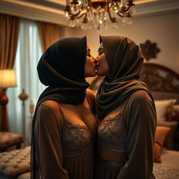 A romantic and intimate scene featuring two women in a luxurious bedroom