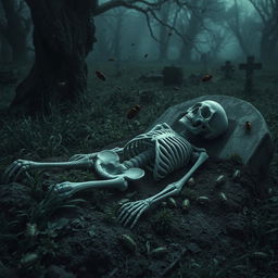 A hauntingly evocative scene depicting a skeletal figure lying in an old, weathered grave