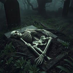 A hauntingly evocative scene depicting a skeletal figure lying in an old, weathered grave