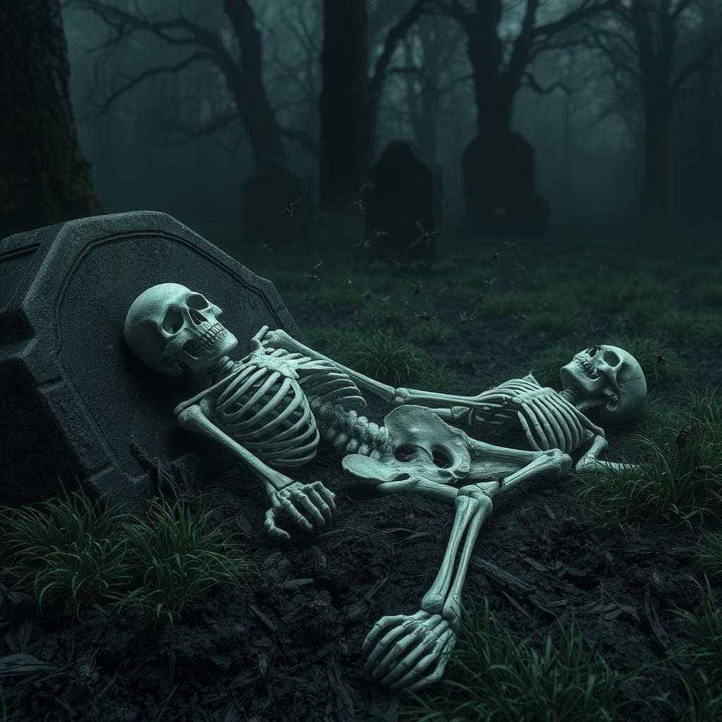 A hauntingly evocative scene depicting a skeletal figure lying in an old, weathered grave