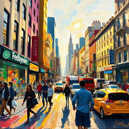An Impressionist painting showcasing a bustling cityscape filled with vibrant energy and movement