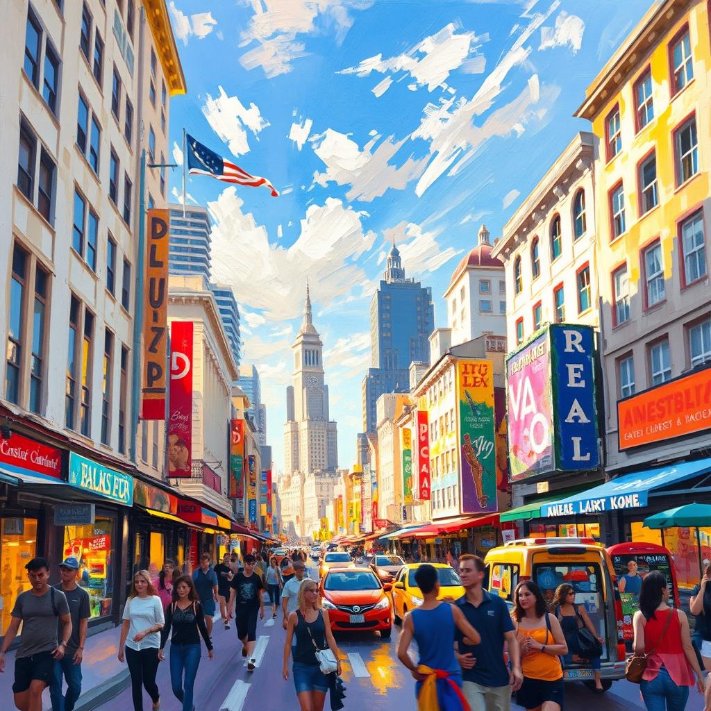 An Impressionist painting showcasing a bustling cityscape filled with vibrant energy and movement