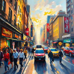 An Impressionist painting showcasing a bustling cityscape filled with vibrant energy and movement