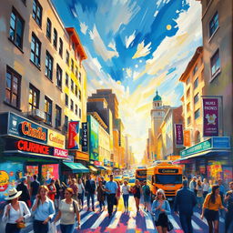 An Impressionist painting showcasing a bustling cityscape filled with vibrant energy and movement
