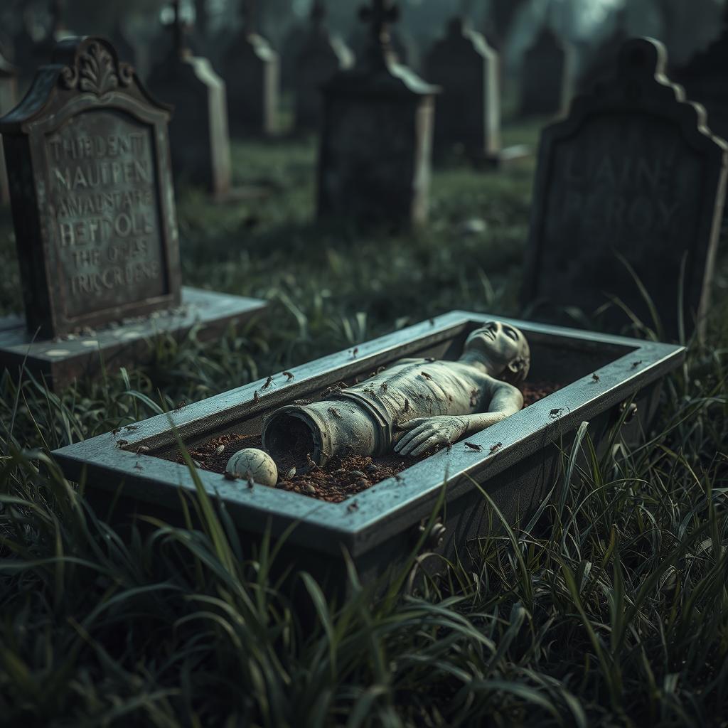 A hauntingly serene scene of a grave in a desolate cemetery, with a partially exposed corpse in the coffin, surrounded by various small insects such as ants and beetles crawling over the decaying body