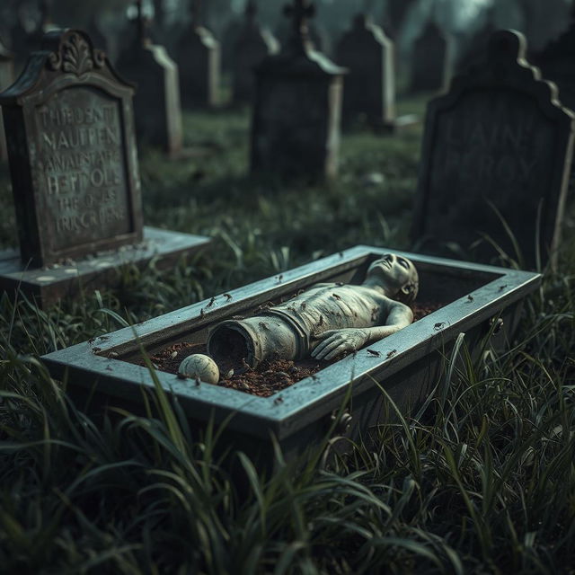 A hauntingly serene scene of a grave in a desolate cemetery, with a partially exposed corpse in the coffin, surrounded by various small insects such as ants and beetles crawling over the decaying body