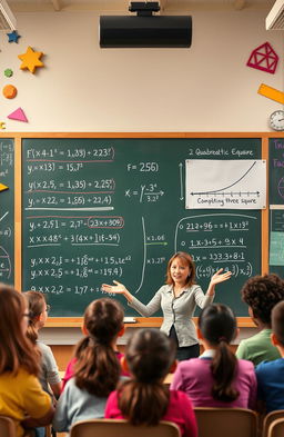 A visually engaging representation of solving a quadratic equation (2-degree equation) using various methods such as factoring, completing the square, and the quadratic formula