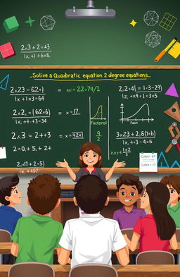 A visually engaging representation of solving a quadratic equation (2-degree equation) using various methods such as factoring, completing the square, and the quadratic formula