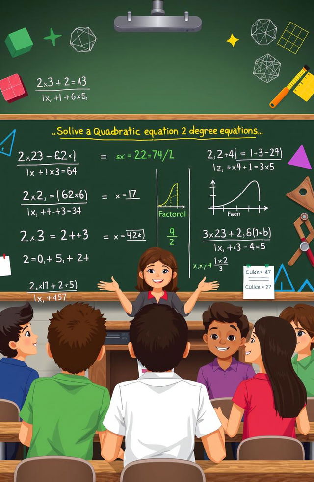 A visually engaging representation of solving a quadratic equation (2-degree equation) using various methods such as factoring, completing the square, and the quadratic formula