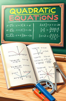 A visually engaging educational illustration depicting the concept of quadratic equations in mathematics