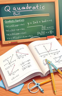 A visually engaging educational illustration depicting the concept of quadratic equations in mathematics