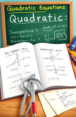 A visually engaging educational illustration depicting the concept of quadratic equations in mathematics