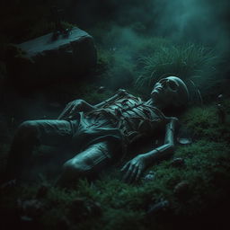 A hauntingly atmospheric depiction of a corpse lying in an ancient, shadowy grave