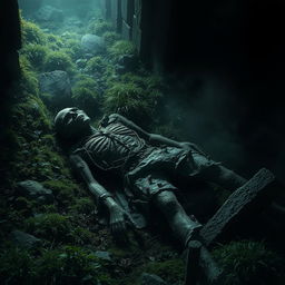 A hauntingly atmospheric depiction of a corpse lying in an ancient, shadowy grave