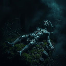 A hauntingly atmospheric depiction of a corpse lying in an ancient, shadowy grave