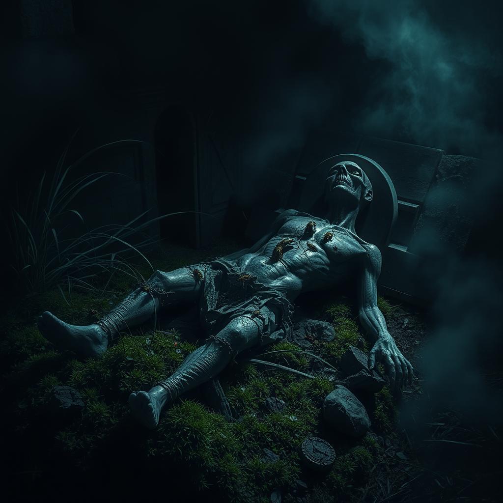 A hauntingly atmospheric depiction of a corpse lying in an ancient, shadowy grave