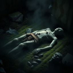 A hauntingly atmospheric depiction of a corpse lying in an ancient, shadowy grave