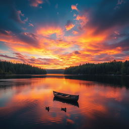 A serene and majestic landscape featuring a vibrant sunset over a tranquil lake surrounded by dense forests