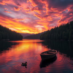 A serene and majestic landscape featuring a vibrant sunset over a tranquil lake surrounded by dense forests