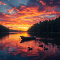 A serene and majestic landscape featuring a vibrant sunset over a tranquil lake surrounded by dense forests
