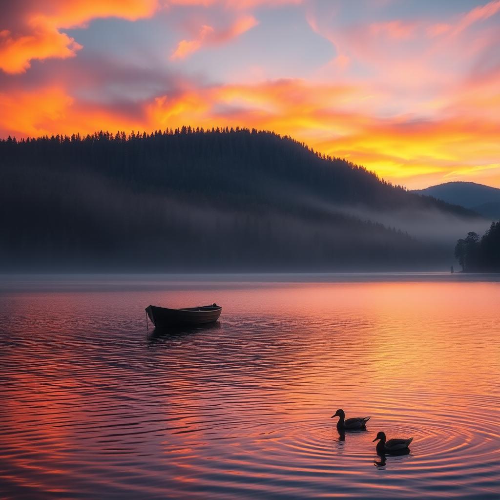 A serene and majestic landscape featuring a vibrant sunset over a tranquil lake surrounded by dense forests
