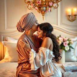 A beautiful scene featuring a turbaned lesbian mother and her daughter in a luxurious bedroom setting