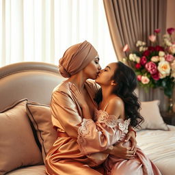 A beautiful scene featuring a turbaned lesbian mother and her daughter in a luxurious bedroom setting